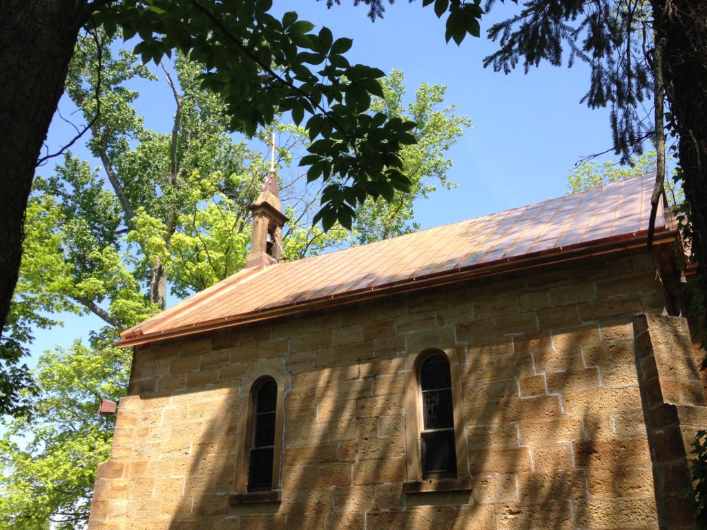lightning protection and copper roof & gutters at Monte Cassino Shrine in St. Meinrad Indiana