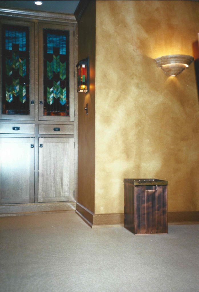 copper/brass trash can; copper & stained glass wall lamp; copper foiled stained glass cabinet door inserts